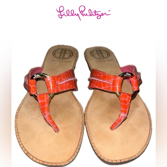 Lilly Pulitzer Orange/Pink Patent Croc Embossed Leather Flip-Flops, 6.5M - Picture 2 of 13